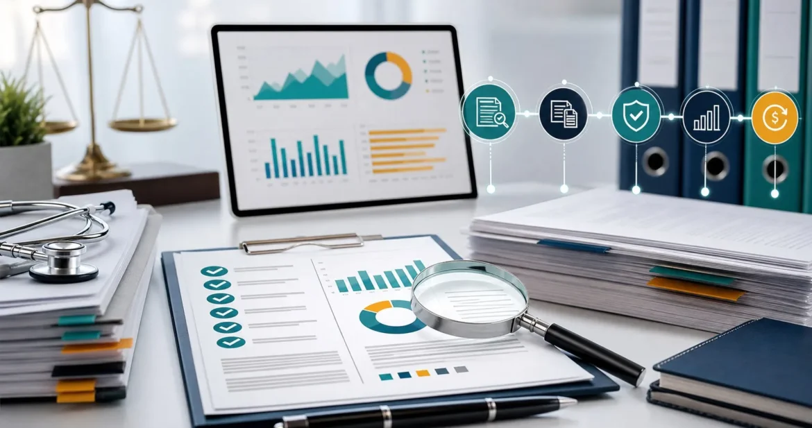 omnibridge-medical-billing-audit Medical billing audit review with claims records and revenue recovery dashboard