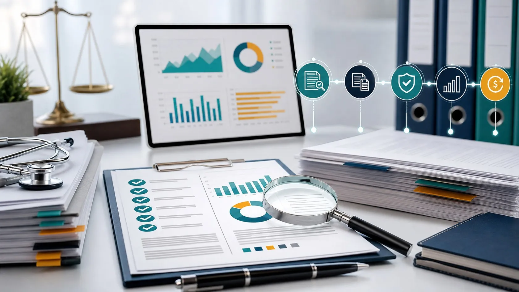 Medical billing audit review with claims records and revenue recovery dashboard