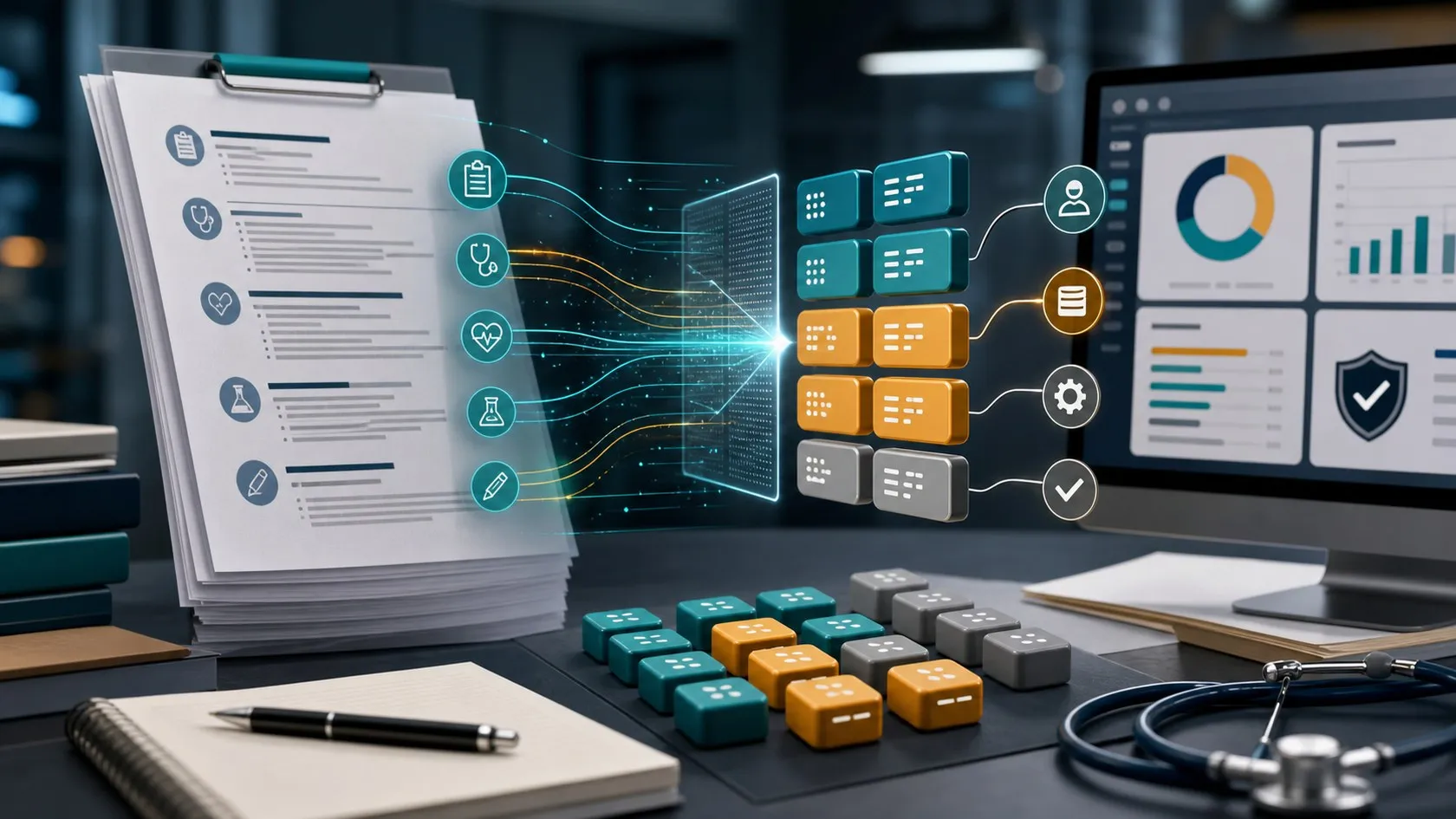 Medical coding workflow translating clinical notes into billing code sets