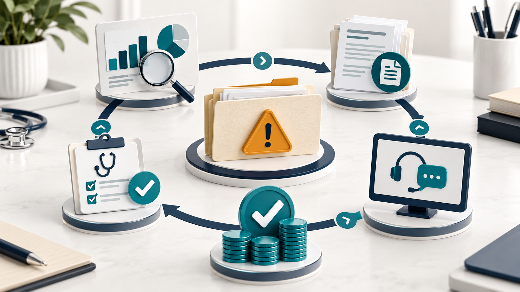 Branded medical billing denial management workflow diagram with root cause and appeal steps