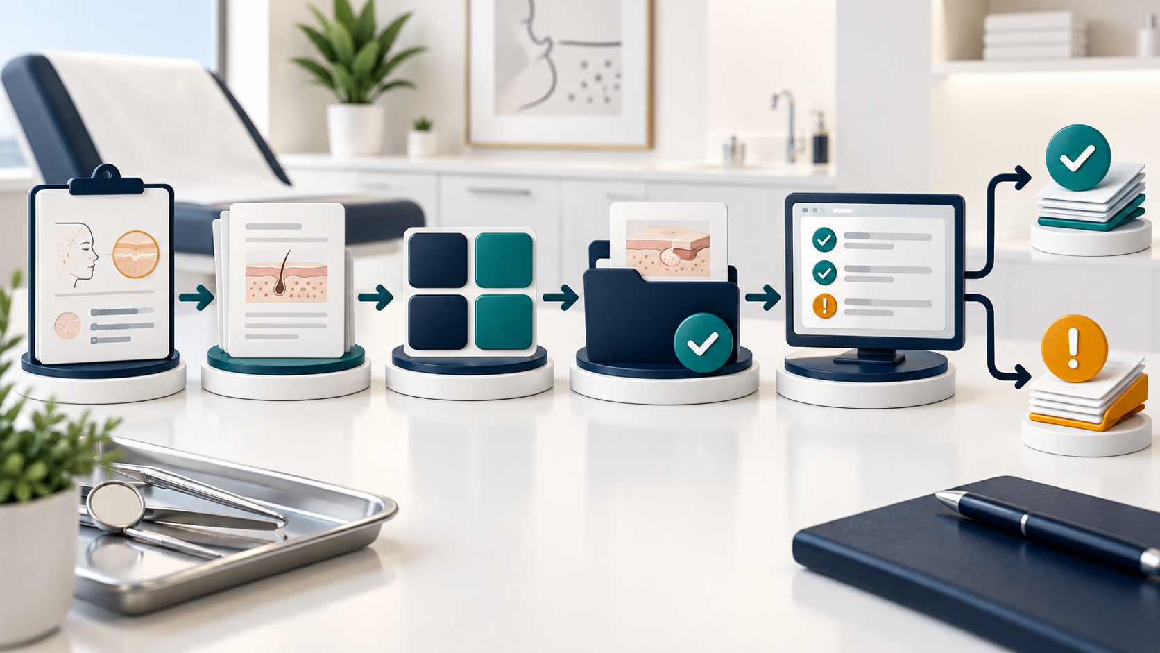 Branded dermatology medical billing workflow diagram showing coding, modifiers, claims, and denial review