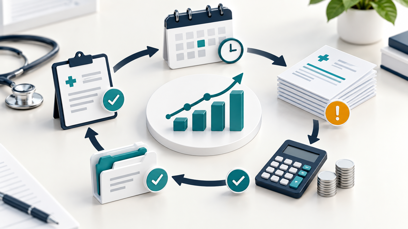 Branded healthcare revenue cycle diagram showing DSO and AR turnover metrics