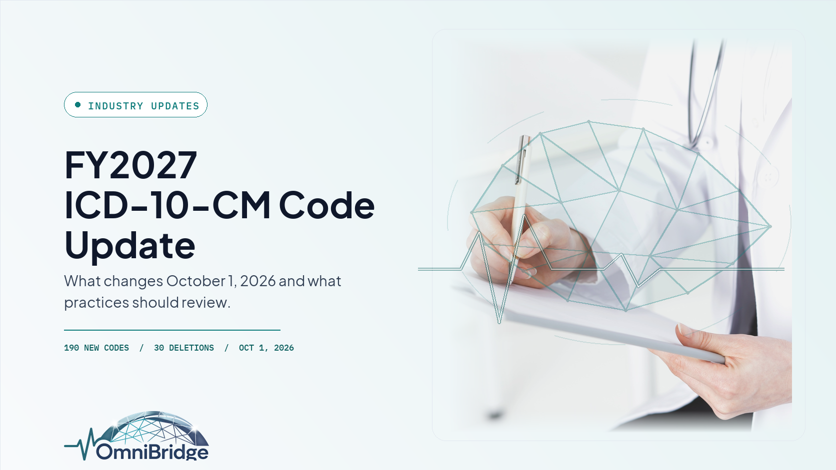 Light theme OmniBridge Group featured image for the FY2027 ICD-10-CM code update effective October 1, 2026.