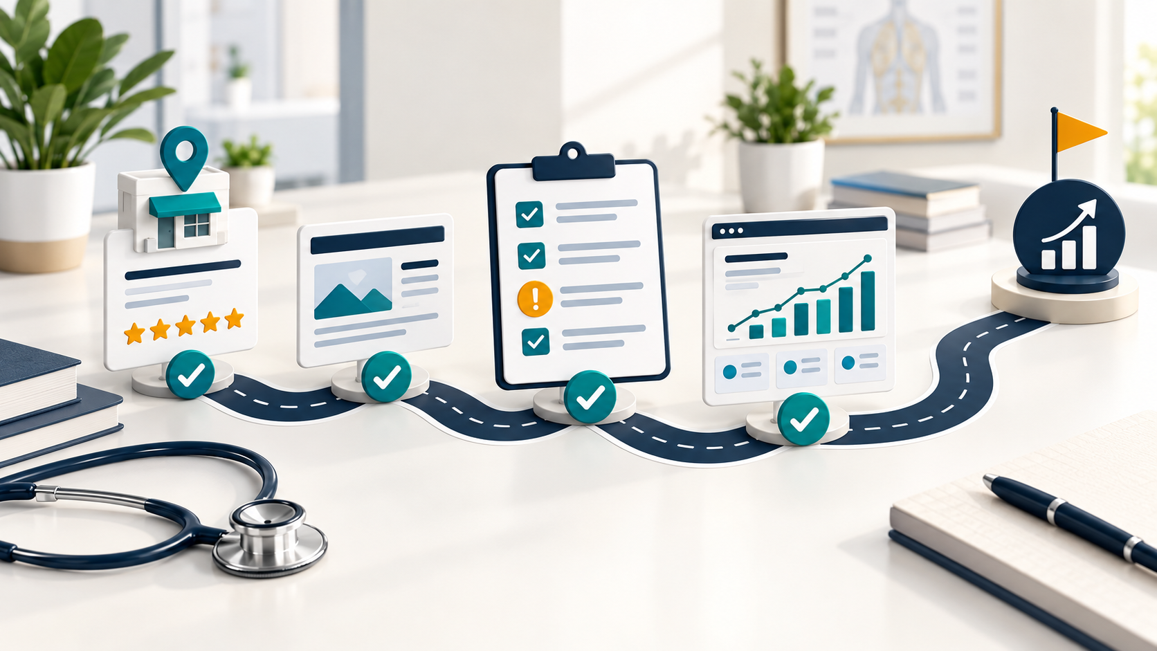 Branded healthcare SEO checklist diagram for medical practices with local listing and analytics icons